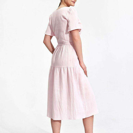 Elegant Flared Midi Envelope Dress with Short Sleeves and Chic Accents - Très Elite