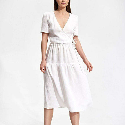 Elegant Flared Midi Envelope Dress with Short Sleeves and Chic Accents