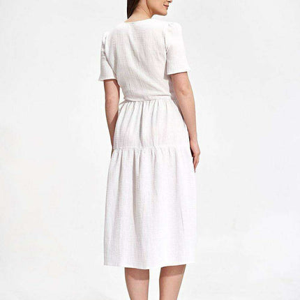 Elegant Flared Midi Envelope Dress with Short Sleeves and Chic Accents - Très Elite