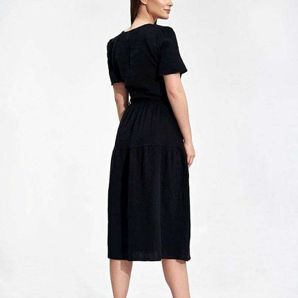 Elegant Flared Midi Envelope Dress with Short Sleeves and Chic Accents - Très Elite