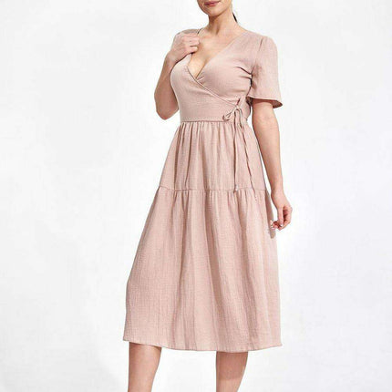 Elegant Flared Midi Envelope Dress with Short Sleeves and Chic Accents - Très Elite
