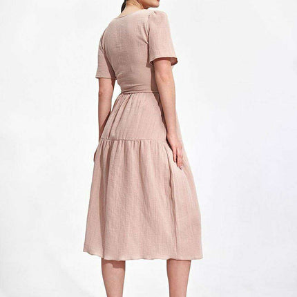 Elegant Flared Midi Envelope Dress with Short Sleeves and Chic Accents - Très Elite