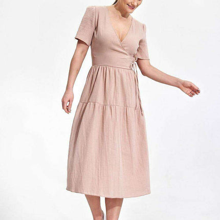 Elegant Flared Midi Envelope Dress with Short Sleeves and Chic Accents - Très Elite