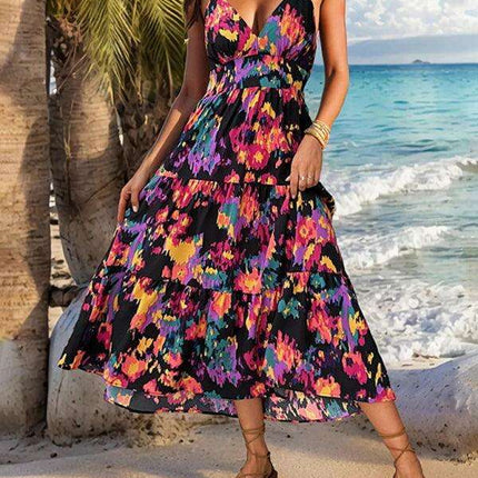 Elegant Floral Backless A-line Dress with Sophisticated Slit Detail - Très Elite