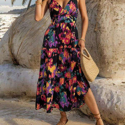 Elegant Floral Backless A-line Dress with Sophisticated Slit Detail
