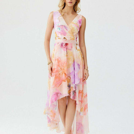 Elegant Floral Chiffon Maxi Dress with Unique Envelope Neckline - Très Elite