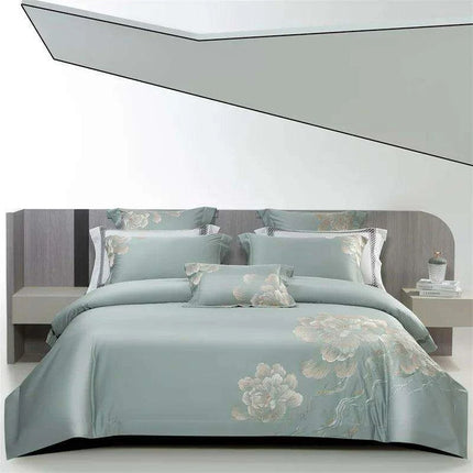 Elegant Floral Embroidered 1400TC Egyptian Cotton 4-Piece Duvet Cover and Sheet Set with Pillowcases- Très Elite- Très Elite