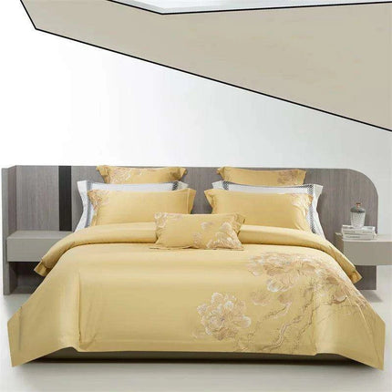 Elegant Floral Embroidered 1400TC Egyptian Cotton 4-Piece Duvet Cover and Sheet Set with Pillowcases- Très Elite- Très Elite