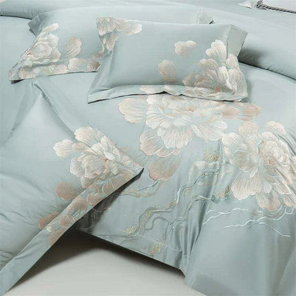 Elegant Floral Embroidered 1400TC Egyptian Cotton 4-Piece Duvet Cover and Sheet Set with Pillowcases - Très Elite
