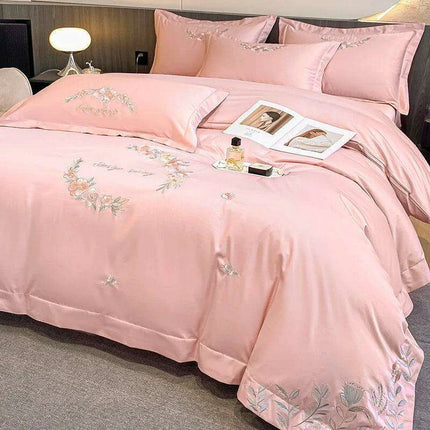 Elegant Floral Embroidered Egyptian Cotton Bedding Collection - Duvet Cover, Bed Sheet & Pillowcases in Soft Pastels- Très Elite- Très Elite