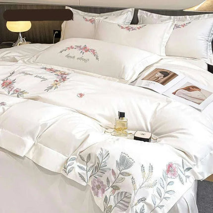 Elegant Floral Embroidered Egyptian Cotton Bedding Collection - Duvet Cover, Bed Sheet & Pillowcases in Soft Pastels - Très Elite