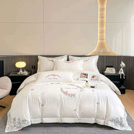 Elegant Floral Embroidered Egyptian Cotton Bedding Collection - Duvet Cover, Bed Sheet & Pillowcases in Soft Pastels - Très Elite