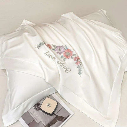 Elegant Floral Embroidered Egyptian Cotton Bedding Collection - Duvet Cover, Bed Sheet & Pillowcases in Soft Pastels - Très Elite