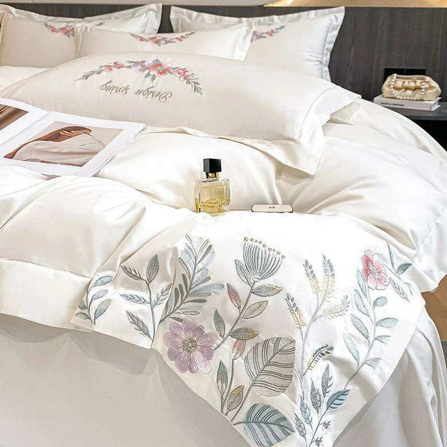 Elegant Floral Embroidered Egyptian Cotton Bedding Collection - Duvet Cover, Bed Sheet & Pillowcases in Soft Pastels