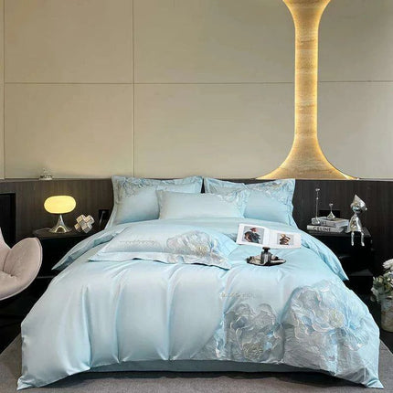 Elegant Floral Embroidery Cotton Bedding Collection - 4-Piece Duvet Cover Set with Sheets and Pillowcases in Soft Pink, Gray, and Blue - Très Elite