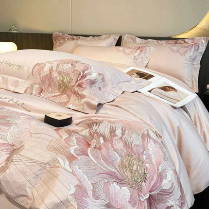 Elegant Floral Embroidery Cotton Bedding Collection - 4-Piece Duvet Cover Set with Sheets and Pillowcases in Soft Pink, Gray, and Blue - Très Elite
