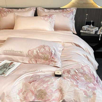 Elegant Floral Embroidery Cotton Bedding Collection - 4-Piece Duvet Cover Set with Sheets and Pillowcases in Soft Pink, Gray, and Blue - Très Elite