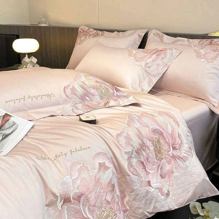 Elegant Floral Embroidery Cotton Bedding Collection - 4-Piece Duvet Cover Set with Sheets and Pillowcases in Soft Pink, Gray, and Blue - Très Elite