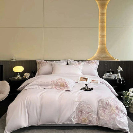Elegant Floral Embroidery Cotton Bedding Collection - 4-Piece Duvet Cover Set with Sheets and Pillowcases in Soft Pink, Gray, and Blue - Très Elite