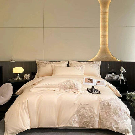 Elegant Floral Embroidery Cotton Bedding Collection - 4-Piece Duvet Cover Set with Sheets and Pillowcases in Soft Pink, Gray, and Blue - Très Elite