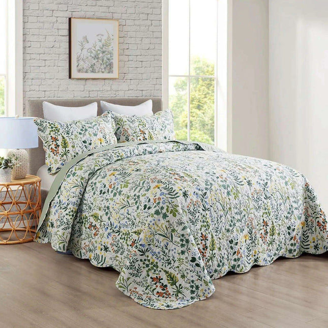 Elegant Floral Garden Reversible Quilt Set - 3-Piece Microfiber Bedding Ensemble