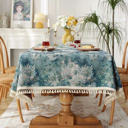 Elegant Floral Jacquard Tablecloth with Charming Tassel Details - Transform Your Dining Atmosphere- Très Elite- Très Elite