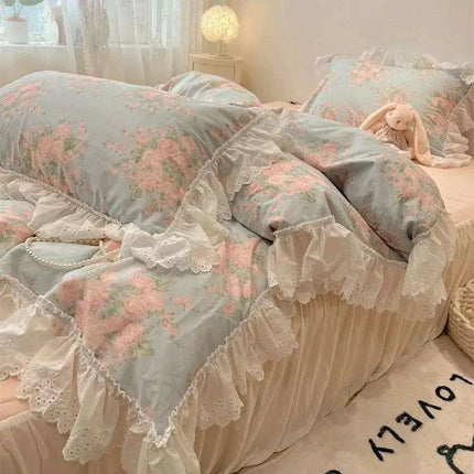 Elegant Floral Lace Ruffled Cotton Bedding Collection with Duvet Cover, Bed Skirt, Fitted Sheet, and Pillowcases - Très Elite
