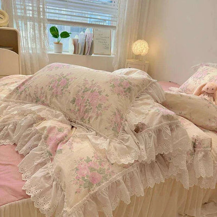 Elegant Floral Lace Ruffled Cotton Bedding Collection with Duvet Cover, Bed Skirt, Fitted Sheet, and Pillowcases - Très Elite