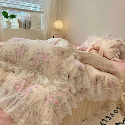 Elegant Floral Lace Ruffled Cotton Bedding Collection with Duvet Cover, Bed Skirt, Fitted Sheet, and Pillowcases - Très Elite
