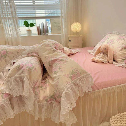 Elegant Floral Lace Ruffled Cotton Bedding Collection with Duvet Cover, Bed Skirt, Fitted Sheet, and Pillowcases - Très Elite