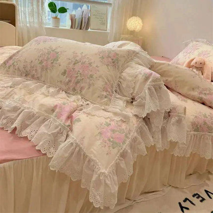 Elegant Floral Lace Ruffled Cotton Bedding Collection with Duvet Cover, Bed Skirt, Fitted Sheet, and Pillowcases - Très Elite