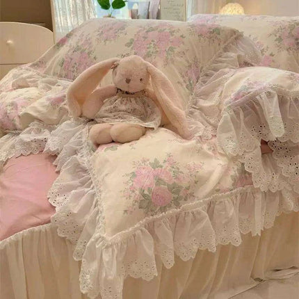 Elegant Floral Lace Ruffled Cotton Bedding Collection with Duvet Cover, Bed Skirt, Fitted Sheet, and Pillowcases - Très Elite