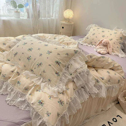 Elegant Floral Lace Ruffled Cotton Bedding Collection with Duvet Cover, Bed Skirt, Fitted Sheet, and Pillowcases - Très Elite