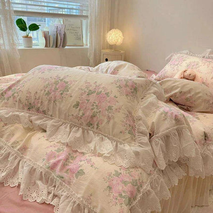 Elegant Floral Lace Ruffled Cotton Bedding Collection with Duvet Cover, Bed Skirt, Fitted Sheet, and Pillowcases - Très Elite