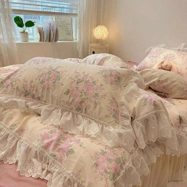 Elegant Floral Lace Ruffled Cotton Bedding Collection with Duvet Cover, Bed Skirt, Fitted Sheet, and Pillowcases