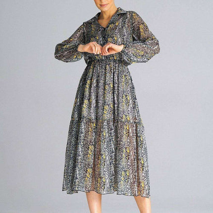 Elegant Floral Midi Dress with Ruffled Hem and Chic Collar - Très Elite
