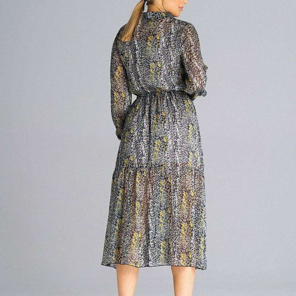 Elegant Floral Midi Dress with Ruffled Hem and Chic Collar - Très Elite