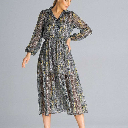 Elegant Floral Midi Dress with Ruffled Hem and Chic Collar - Très Elite