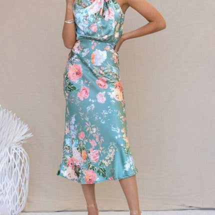 Elegant Floral Satin Halter Neck Dress - Women's Fashion Statement - Très Elite
