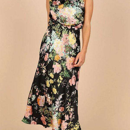 Elegant Floral Satin Halter Neck Dress - Women's Fashion Statement - Très Elite