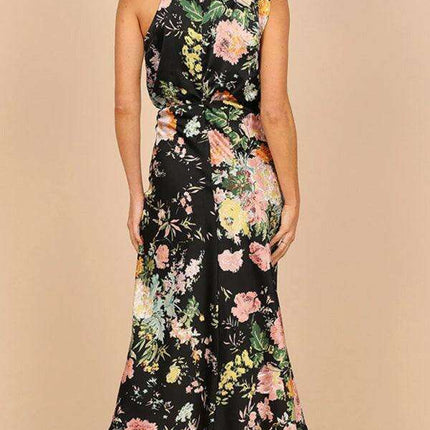 Elegant Floral Satin Halter Neck Dress - Women's Fashion Statement - Très Elite