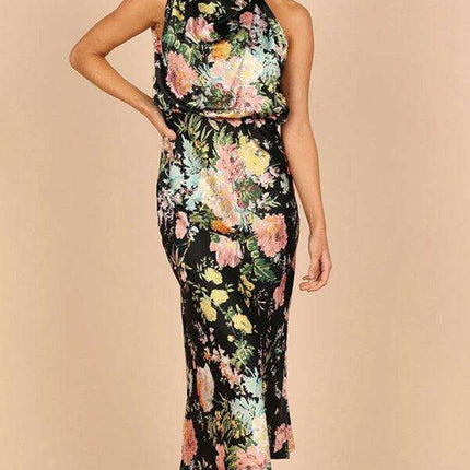 Elegant Floral Satin Halter Neck Dress - Women's Fashion Statement