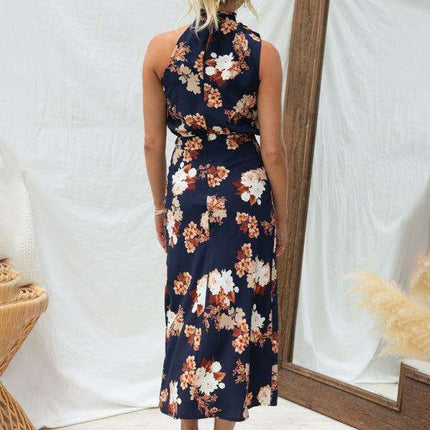 Elegant Floral Satin Halter Neck Dress - Women's Fashion Statement - Très Elite