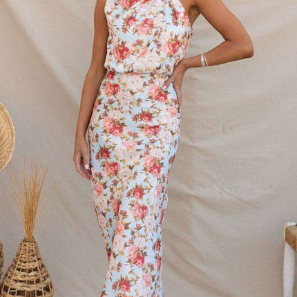 Elegant Floral Satin Halter Neck Dress - Women's Fashion Statement - Très Elite
