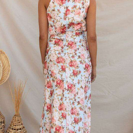 Elegant Floral Satin Halter Neck Dress - Women's Fashion Statement