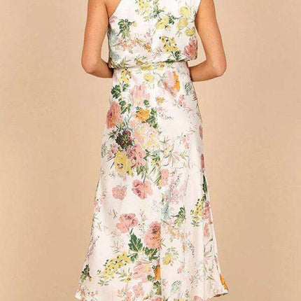 Elegant Floral Satin Halter Neck Dress - Women's Fashion Statement - Très Elite
