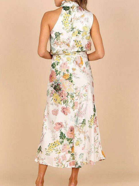 Elegant Floral Satin Halter Neck Dress - Women's Fashion Statement