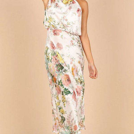 Elegant Floral Satin Halter Neck Dress - Women's Fashion Statement - Très Elite