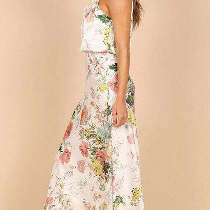 Elegant Floral Satin Halter Neck Dress - Women's Fashion Statement - Très Elite