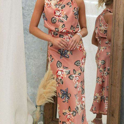 Elegant Floral Satin Halter Neck Dress - Women's Fashion Statement